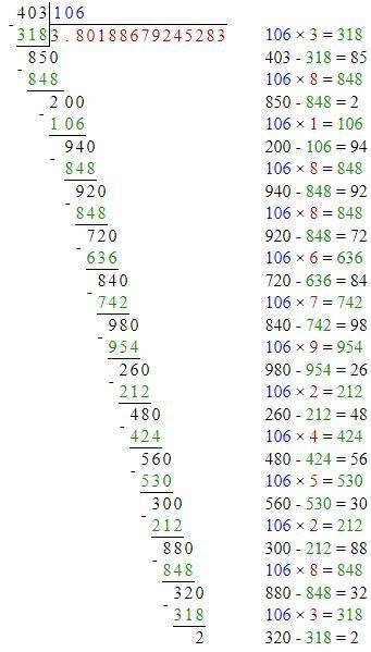 Решите в столбик 0,403/0,106 обязательно в столбик
