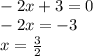 \\-2x+3=0\\ -2x=-3\\ x=\frac{3}{2}