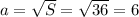 a=\sqrt{S}=\sqrt{36}=6