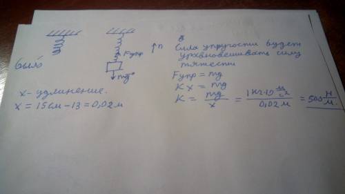 Когда к пружине длиной 13см подвесили груз массой 1кг, её длина ситала равной 15 см. найдите коэффиц