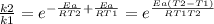 \frac{k2}{k1} = e^{-\frac{Ea}{RT2}+\frac{Ea}{RT1}} = e^{\frac{Ea(T2-T1)}{RT1T2}}