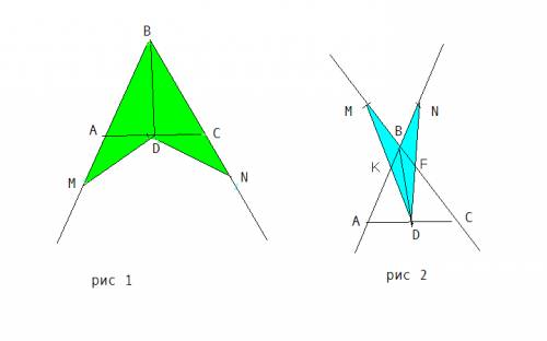 Вравнобедренном треугольнике авс точка d- середина основания ас. на лучах ав и св вне треугольника а