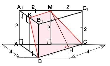 Вправильной треугольной призме abca1b1c1 сторона основания равна 4 см. через середину a1c1 и сторону