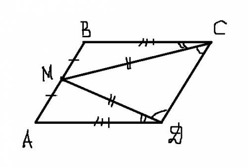 Впараллелограмме авсд точка м - середин стороны ав. известно, что мс=мд. докажите, что данный паралл