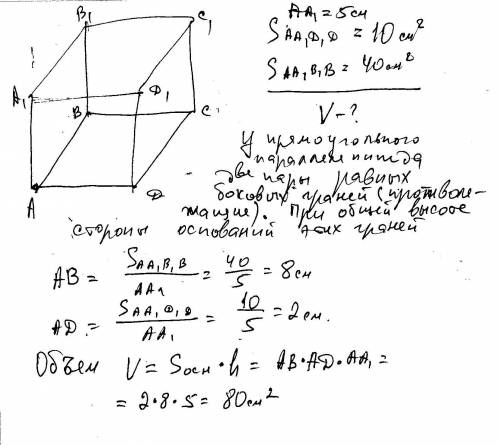 .(Площади двух граней прямоугольного параллелепипеда равны 10 и 40 см квадратных, а длина их общего 