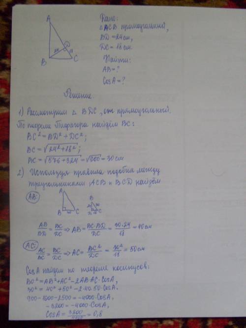 .(Высота вд прямоугольного треугольника авс равна 24 см и отсекает от гипотенузы отрезок дс, равный 