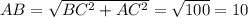 AB=\sqrt{BC^{2}+AC^{2}}=\sqrt{100}=10