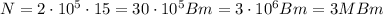 N=2\cdot10^{5}\cdot15=30\cdot10^{5}Bm=3\cdot10^{6}Bm=3MBm