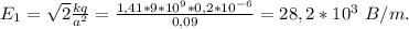 E_{1}=\sqrt{2}\frac{kq}{a^2}=\frac{1,41*9*10^9*0,2*10^{-6}}{0,09}=28,2*10^3\ B/m.