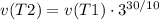 v(T2) = v(T1)\cdot3^{30/10}