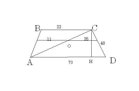 Боковая сторона равнобедренной трапеции равна 48 см а средняя линия делится диаганалью на 2 отрезка 