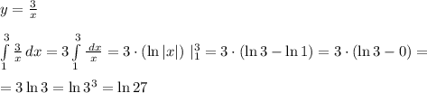 y =\frac{3}{x} \\ \\ \int\limits^3_1 {\frac{3}{x}} \, dx = 3 \int\limits^3_1 {\frac{\, dx}{x}} =3 \cdot ( \ln|x|) \ | ^3_1 = 3 \cdot (\ln3 - \ln1)=3 \cdot (\ln3 -0) =\\ \\ = 3 \ln3=\ln 3^3 =\ln27