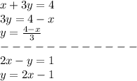 x+3y=4\\&#10;3y=4-x\\&#10;y= \frac{4-x}{3} \\&#10;------------\\&#10;2x-y=1 \\&#10;y=2x-1