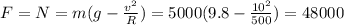 F=N=m(g-\frac{v^2}{R})=5000(9.8-\frac{10^2}{500})=48000