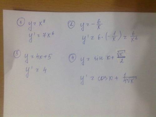 Найти производные функций 1)y=x^7. 2)y=-6/x. 3)y=4x+5. 4)y=sin x +корень из x/2