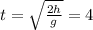 t=\sqrt{\frac{2h}{g}}}=4