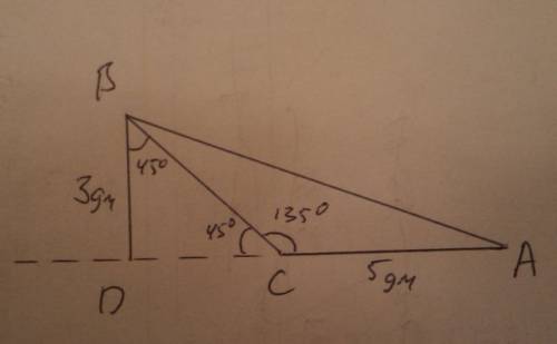 Втреугольнике авс угол с=135градусов ас=5дм высота вd=3дм.найдите площадь треуголиника авd