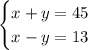 \begin{cases} x+y=45\\x-y=13\end{cases}