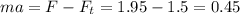 ma=F-F_{t}=1.95-1.5=0.45