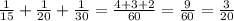 \frac{1}{15}+\frac{1}{20}+\frac{1}{30}=\frac{4+3+2}{60}=\frac{9}{60}=\frac{3}{20}