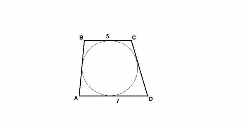 Знайдiть периметр трапеции,описана навколо кола,якщо ёё основы 5см и 7 см