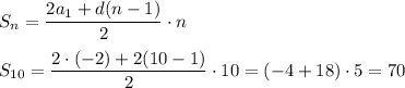 S_n=\dfrac{2a_1+d(n-1)}2\cdot n\\\\S_{10}=\dfrac{2\cdot(-2)+2(10-1)}2\cdot 10=(-4+18)\cdot5=70