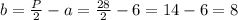 b=\frac{P}{2}-a=\frac{28}{2}-6=14-6=8