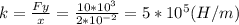 k=\frac{Fy}{x}=\frac{10*10^{3}}{2*10^{-2}}=5*10^{5}(H/m)