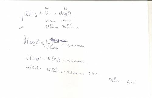 Определите массу кслорода о2, которая потребуется для получения оксида магния mgo массой 8г