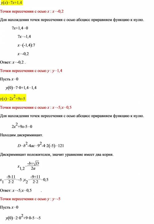 Найдите координаты точек пересечения с осями координат графика функции: а) у=7х+1,4; б) у=2х(в квадр