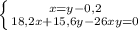 \left \{ {{x=y-0,2} \atop {18,2x+15,6y-26xy=0}} \right.