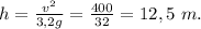 h=\frac{v^2}{3,2g}=\frac{400}{32}=12,5\ m.