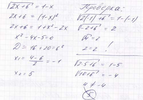 Решите уравнение: корень квадратный из 2х+6 равное 1-х