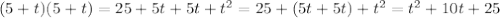 (5+t)(5+t)=25+5t+5t+t^{2}=25+(5t+5t)+t^{2}=t^{2}+10t+25