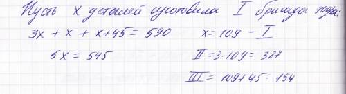 Три бригады рабочих изготовили вместе за смену 590 деталей. вторая бригада изготовила деталей в три 