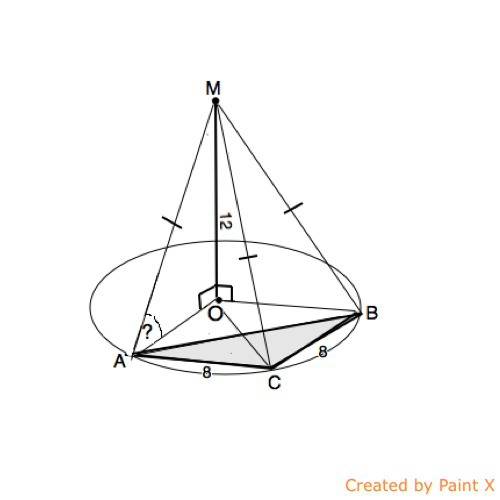Втреугольнике abc, ac=cb=8, угол acb= 120 градусов. точка m удалена от плоскости треугольника на рас