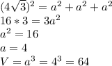 (4\sqrt3)^2=a^2+a^2+a^2\\ 16*3=3a^2\\ a^2=16\\ a=4\\ V=a^3=4^3=64