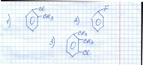 Составить формулы веществ: 1) 1-хлор2-метил бензол 2) фторбензол 3) метахлортолуол
