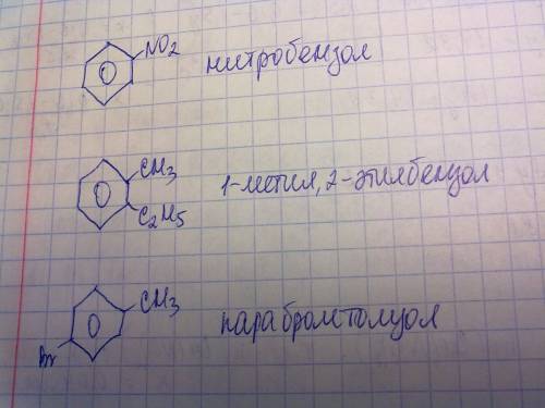 Составить формулы веществ: нитробензол, 1-метил2-этилбензол, парабромтолуол