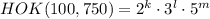 \\HOK(100, 750) = 2^k\cdot3^l\cdot5^m