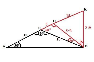 Втреугольнике авс ас=св=10см.,а=30 градусов,вк-перпендикуляр к плоскости треугольника и равен 5 корн