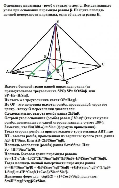 Основание пирамиды - ромб с тупым углом α. все двугранные углы при основании пирамиды равны β. найди