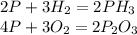 2P+3H_2=2PH_3\\4P+3O_2=2P_2O_3