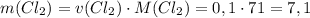 m(Cl_2)=v(Cl_2)\cdot{M(Cl_2)}=0,1\cdot71=7,1