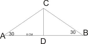 Треугольник авс равнобедренный, угол а=30 градусов,угол в=30градусов,сd высота, ав=8. найти площадь 