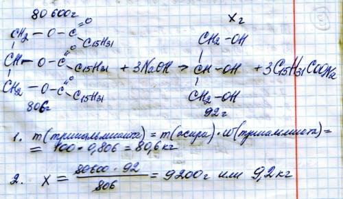 Сколько килограммов глицерина может выработать мыловаренный завод из 100 кг технического жира,содерж