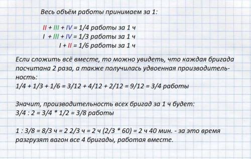 Четыре бригады должны разгрузить вагон с продуктами .вторая,третья и четвертая бригады вместе могут 