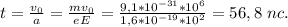 t=\frac{v_0}{a}=\frac{mv_0}{eE}=\frac{9,1*10^{-31}*10^6}{1,6*10^{-19}*10^2}=56,8\ nc.