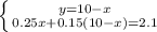 \left \{ {{y=10-x} \atop {0.25x+0.15(10-x)=2.1}} \right.