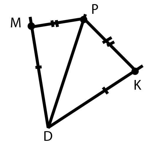 На сторонах угла d отмечены точки м и к так, что dm = dk. точка р лежит внутри угла d и рк = рм. док